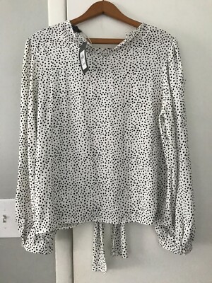 NEW Primark Blouse Shirt Button Top Size 6 Black White Polka Dot Tied Back