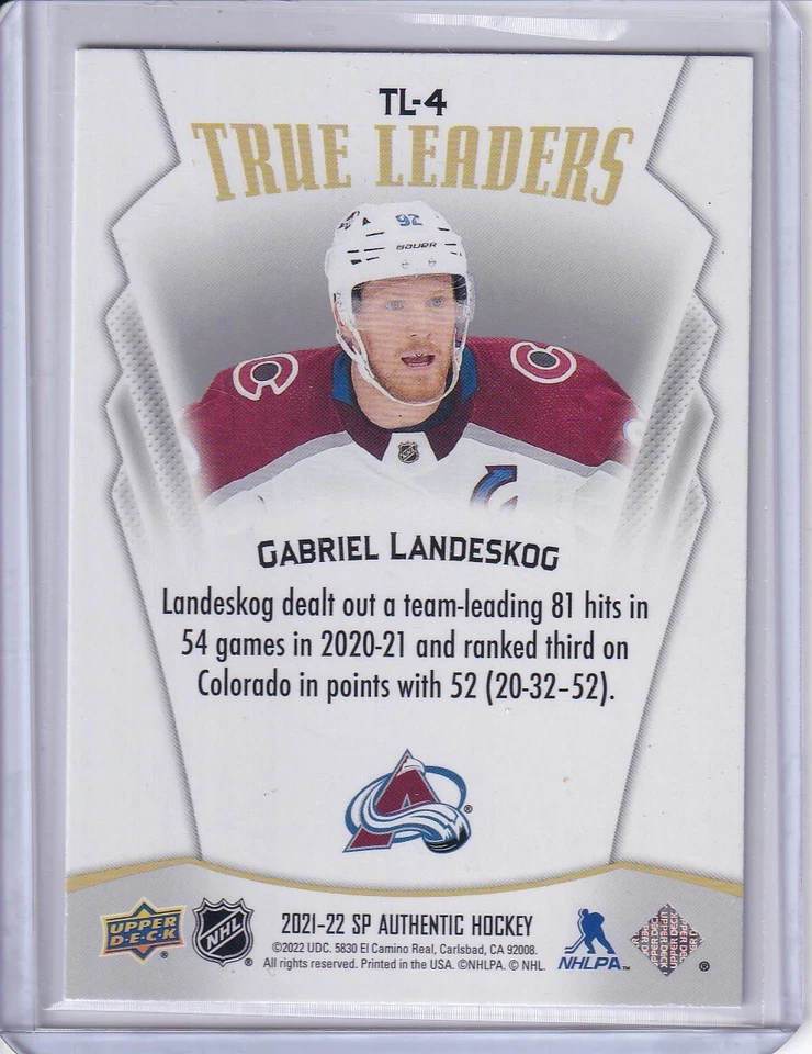 2021-22 SP Authentic True Leaders Gabriel Landeskog Colorado Avalanche #TL-4 - Image 2 of 2