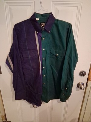 Vintage Roper Western Button Up Shirt USA Made Green Purple Striped Men s L