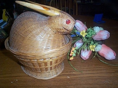 Wicker Bunny rabbit   covered basket box  cottage core  farmhouse  decor