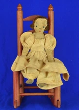 ANTIQUE 10" CLOTH RAG DOLL HANDMADE EMBROIDERED FACE IN WOODEN ROCKING CHAIR