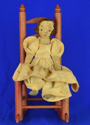ANTIQUE 10'' CLOTH RAG DOLL HANDMADE EMBROIDERED FACE IN WOODEN ROCKING CHAIR