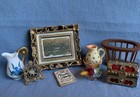 Vintage dollhouse miniatures Lot framed picture glass bowl w Fruit metal chest