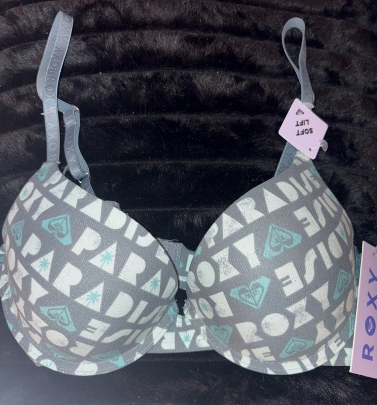 Roxy Logo Bra Teal Gray Green 34 B. Women’s Juniors Underwire NWT Soft Lift Soft