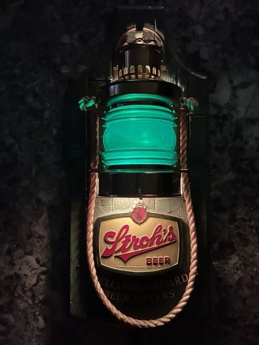 1970s Vintage Green Stroh's Beer Sign Lighted Lantern Bar Pub Nautical Rope