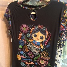 Ay Guey T-Shirt Womens XL Mexican Folk Art Maria Doll Sugar Skull Floral Top