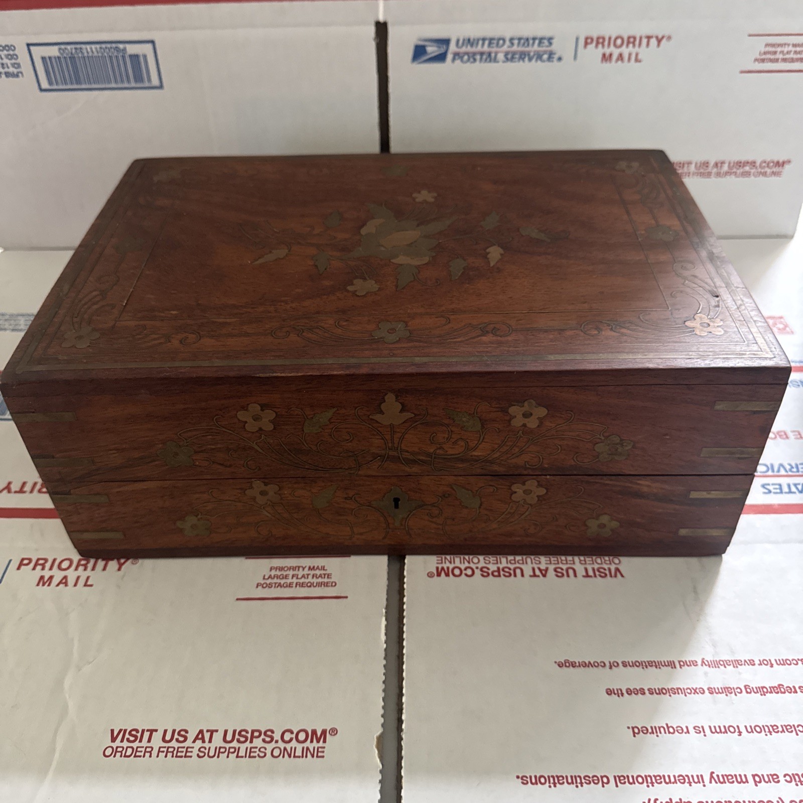 Vintage Hand Carved Wooden Trinket/ Jewelry Box Lined With Mirror And Two Keys