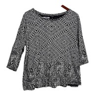 Lucky Brand Womens Boho Peasant Top 1X Black White Paisley Cottage Artsy Folk