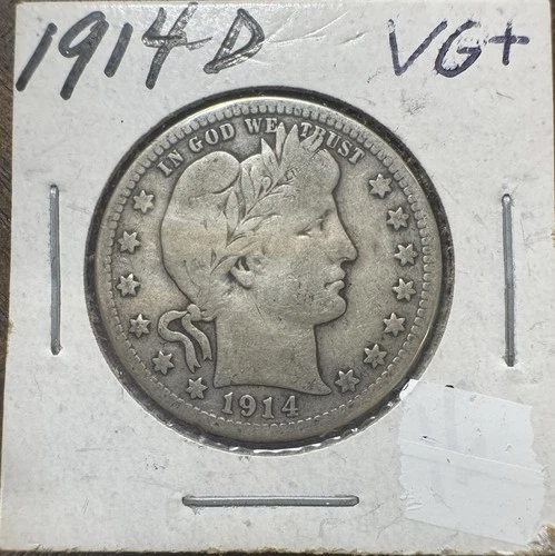 1914 D Barber Silver Quarter US Coin VG