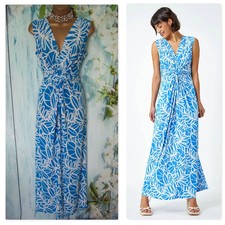 Ladies Roman Blue White Floral Print Twist Front Sleeveless Maxi Dress size 20