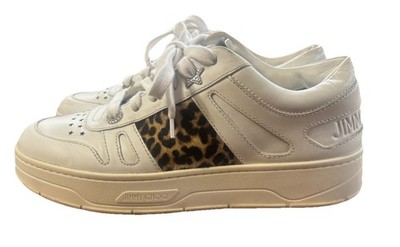 Jimmy Choo Star Sneakers White Leopard Leather Luxury Streetwear Womens 38 US 8