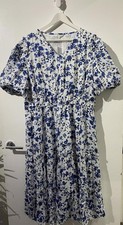 Mitzy Blue White Floral Dobby Spot Dress Puff Sleeve Size UK20