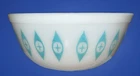 Vintage Atomic Eyes Bowl Pyrex 1950s White/Turquoise Blue RARE 9” Diameter VGC