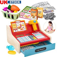 Wooden Toy Cash Register for Kids, Children Toy Till with Scanner Card Machine