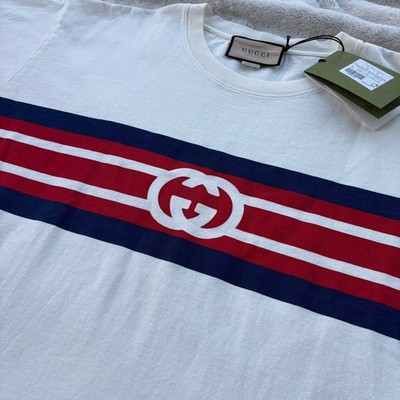 Gucci White Striped Interlock Logo Tee Shirt - 2XL - $650