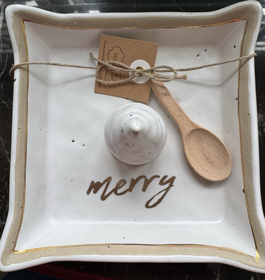 Mud Pie Christmas Merry Candy Dish Ceramic w/ Wood Spoon White/Gold 2023