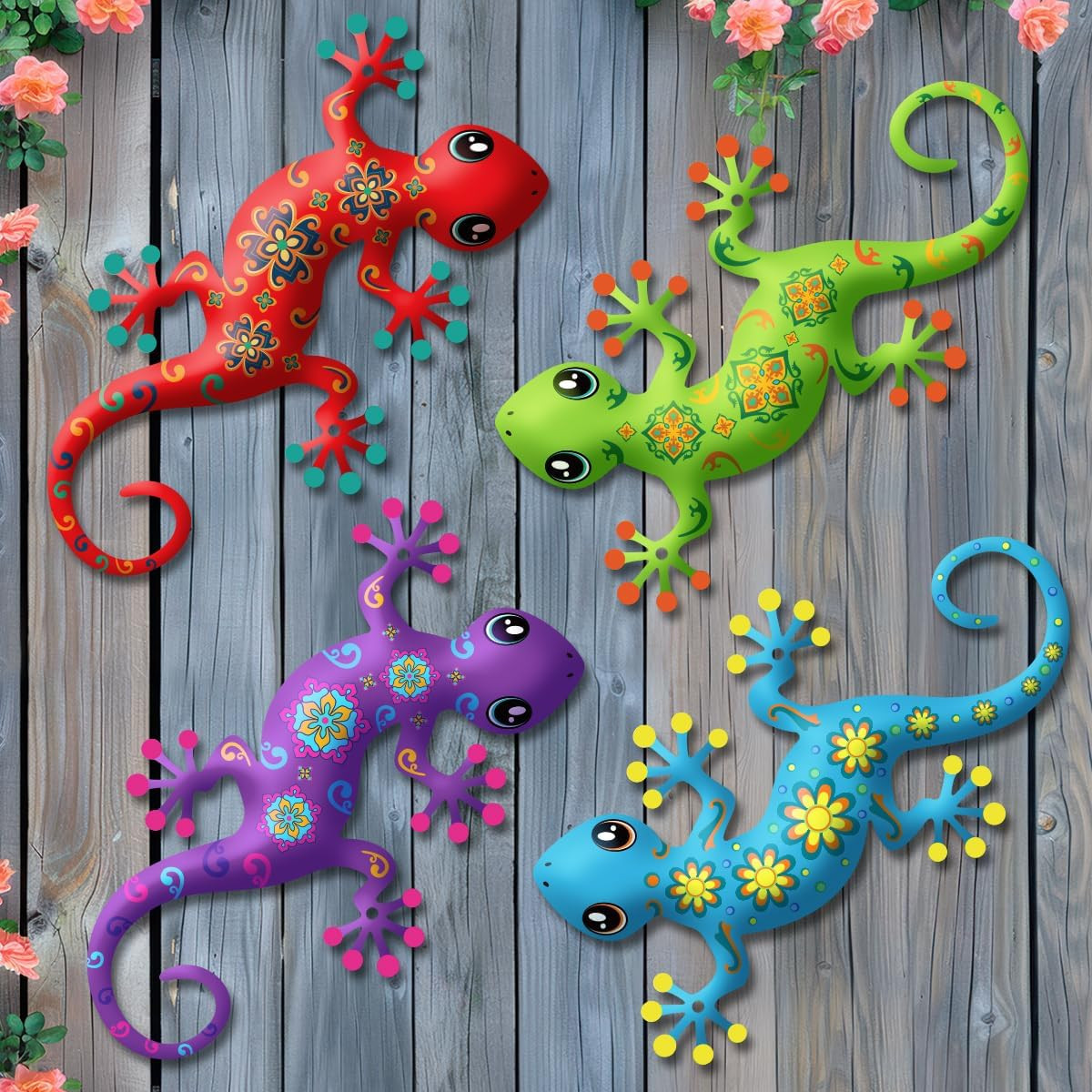 4 Pcs Metal Gecko Outdoor Decorations - Metal Wall Art Hanging Sculpture Decorat