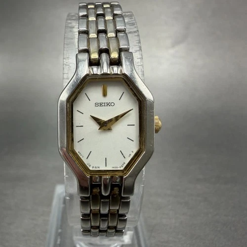 Seiko Watch Women 16mm White Dial Two Tone Octagon 1N00-0GV0 New Battery Vintage