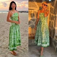 Farm Rio Delicate Tapestry Midi Dress Green Floral Drop Waist Linen NWT Size L