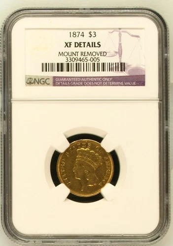 1874 $3 NGC XF Details (Mount removed) Indian Princess Head Three Dollar Gold