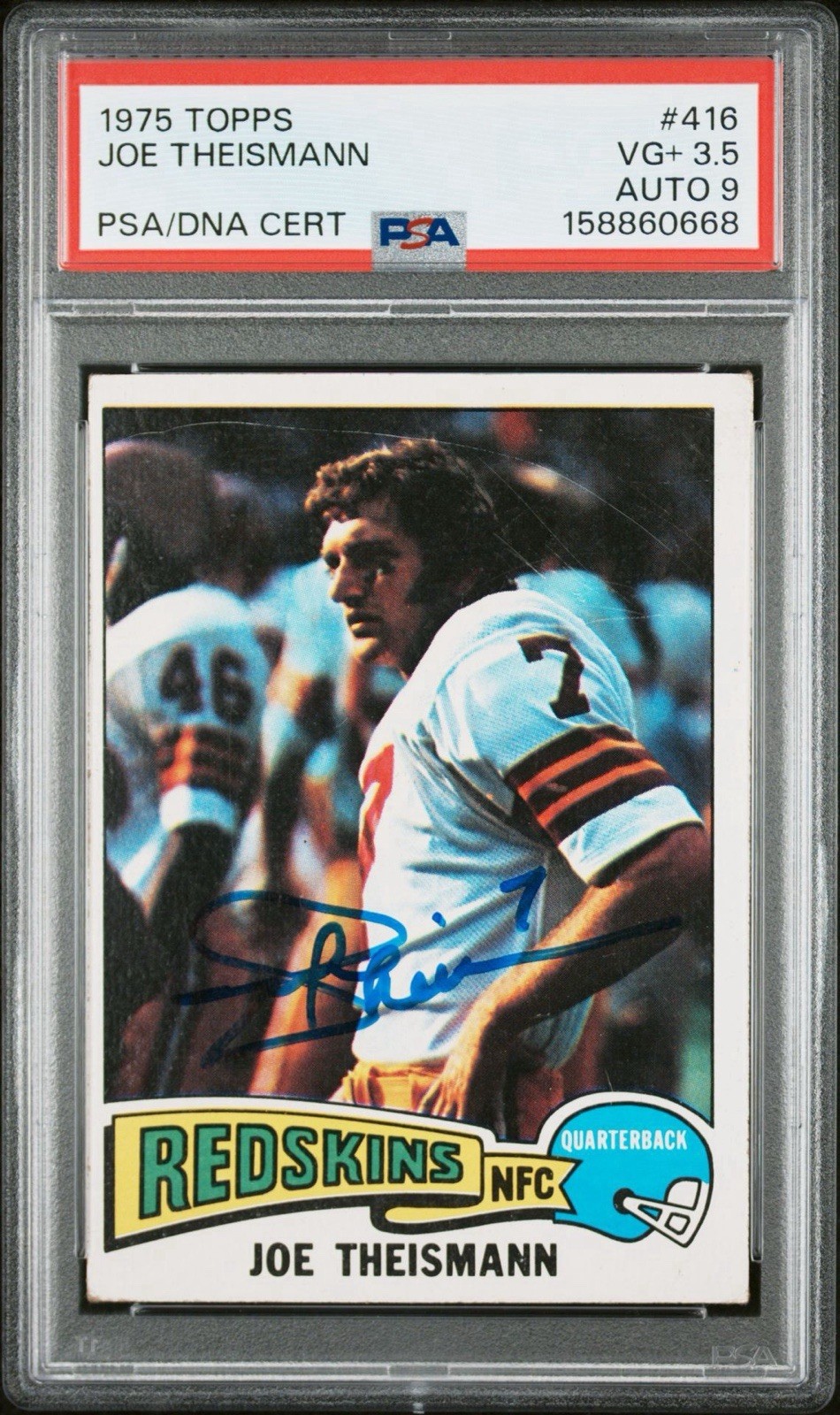 1975 Topps #416 Joe Theismann Rookie RC Autograph PSA 3.5 Auto 9 Low Pop