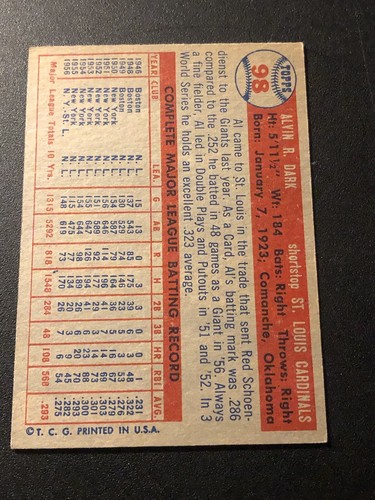 1957 Topps Alvin Dark Al Dark #98 - Picture 2 of 2