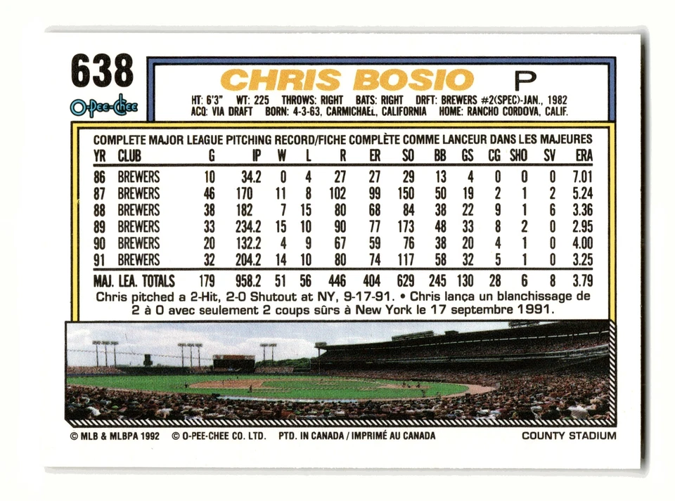 Chris Bosio 1992 O-Pee-Chee #638 Milwaukee Brewers Centered Mint to Gem - Image 2 of 2