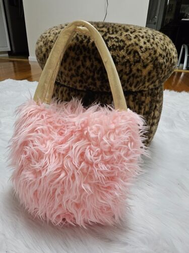 Furry Pink Faux Monster Fur Small Tote Bag Purse Gold Metallic Dot 2 Handles - Picture 3 of 10