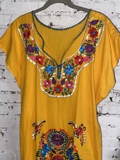 1970  s Vintage Mexican Dress Floral Embroidered Linen Maxi Dress Kaftan Caftan