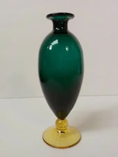 Mid-Century Art Glass 8.5" Bud Vase, Blue-Green Body, Amber Glass Base