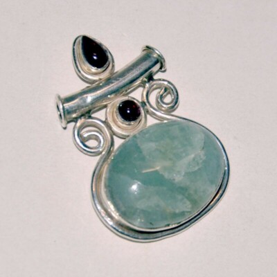 Huge Natural Aquamarine,Ruby Handmade 80 Ct 925 Solid Sterling Silver Pendant 2''