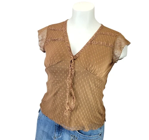 Michele Michelle Babydoll Top Womens L Brown Lace Flutter Sleeve Y2K Boho Fairy