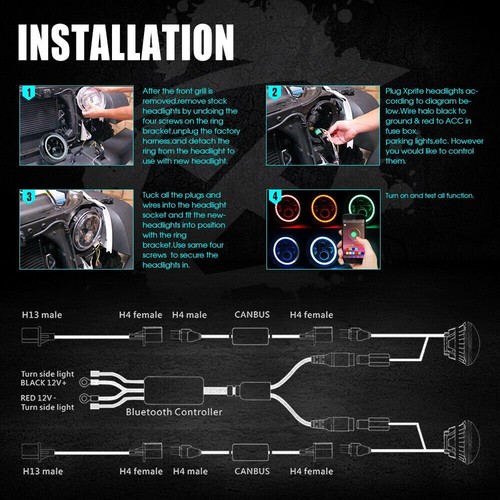 Kit combinado de faros LED RGB halo RDL de 7 pulgadas para Jeep Wrangler JK JKU APP - Imagen 7 de 12