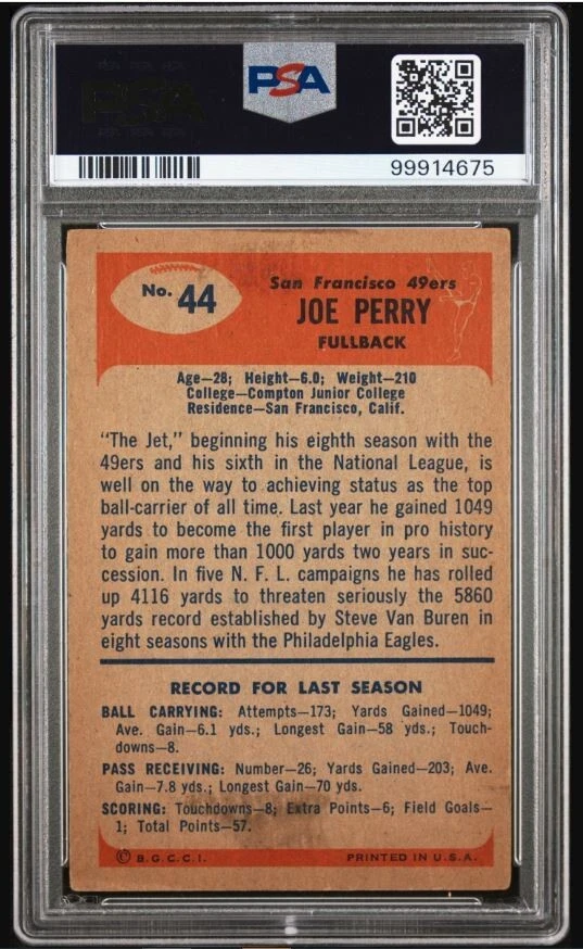 Tarjeta de fútbol americano firmada por Bowman Joe Perry 1955 PSA 3 DNA 9 certificada automática patio Foto 2 de 3