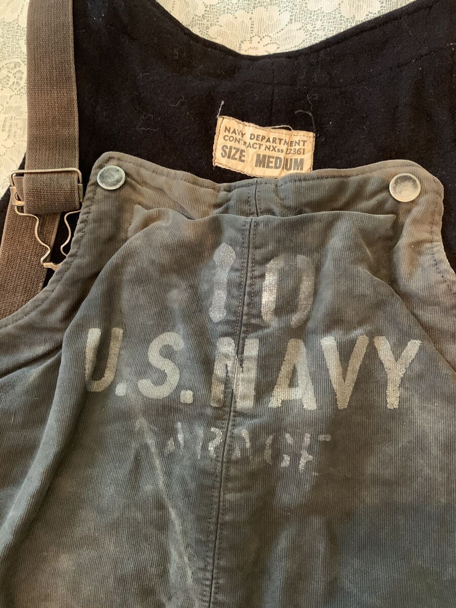 Original WW2 WWII US Navy Ship Deck Blue Bib Overalls 1940s Original WW2 WWII US Navy Ship Deck Blue Bib Overalls 1940s