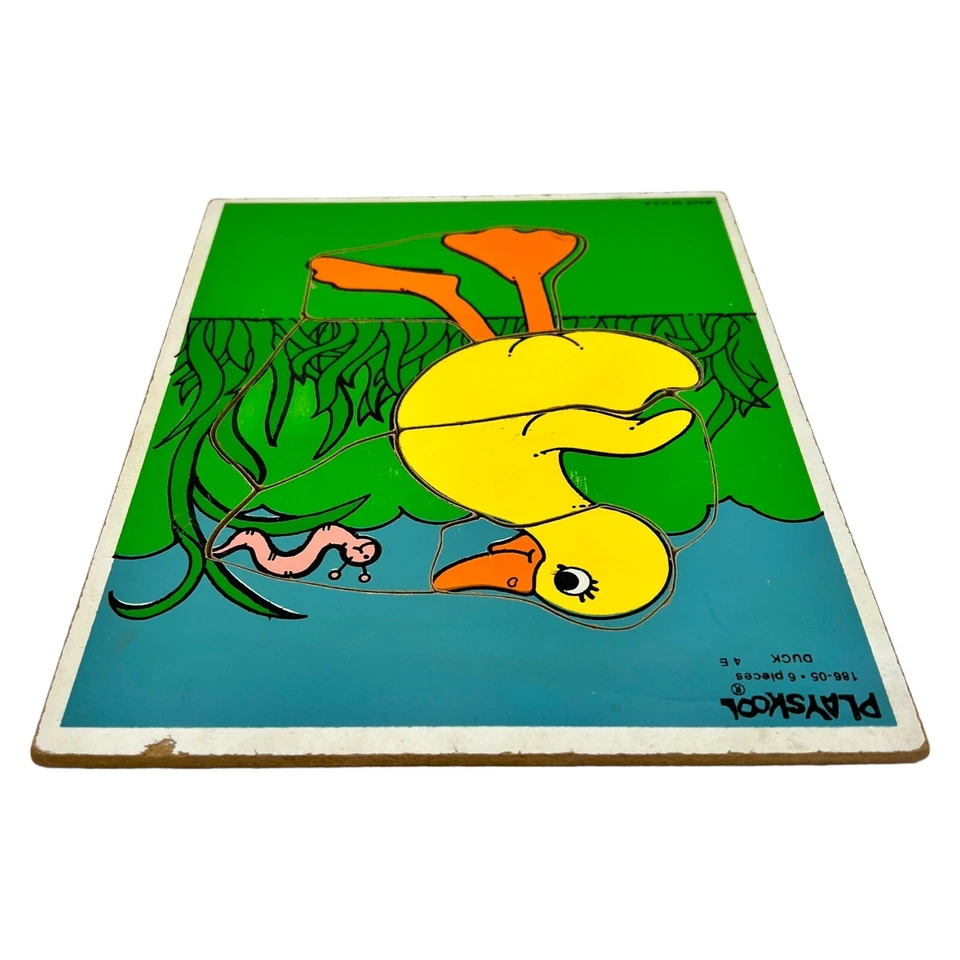 Rompecabezas de madera vintage años 80 EE. UU. Playskool 6 piezas pato amarillo y gusano #186-05 Foto 3 de 4