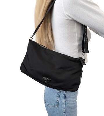 PRADA Vintage Logo Shoulder Bag Zip Padlock Black Silver Nylon