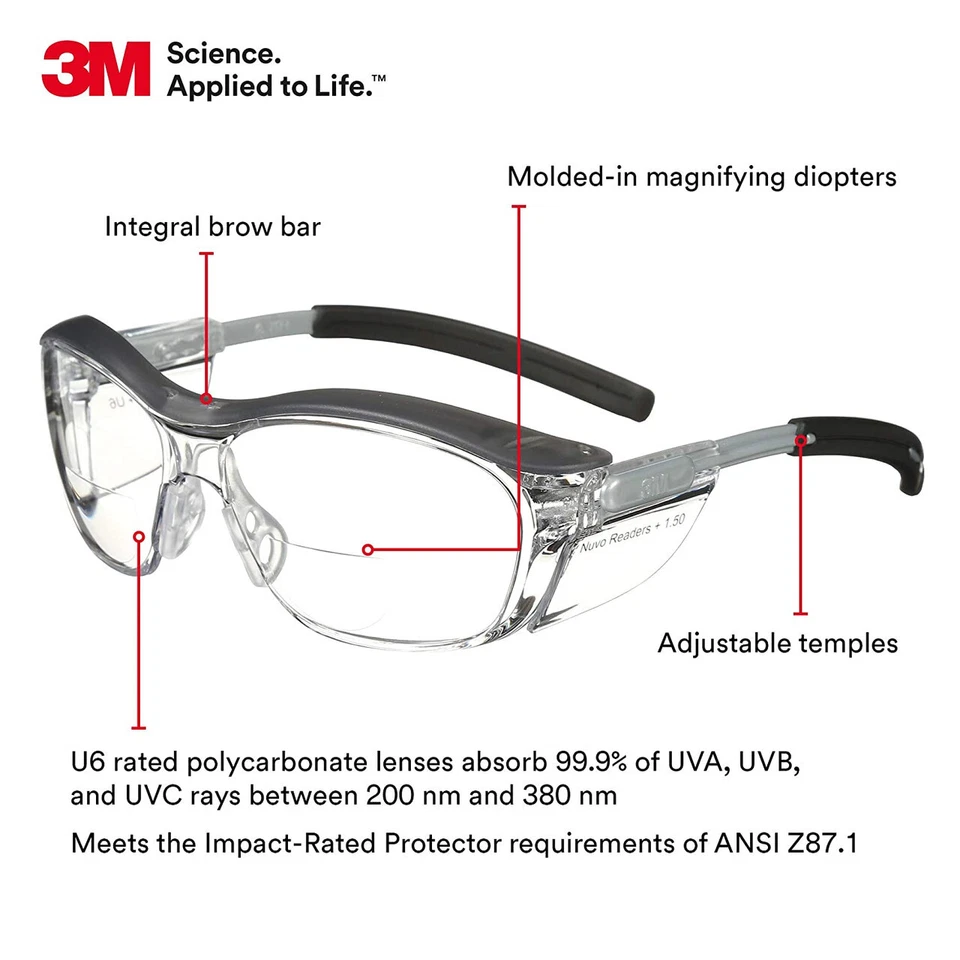 3M Clear Anti Fog BIFOCAL READERS Safety Glasses UV ANSI Z87+ Protective Eyewear - Image 2 of 4