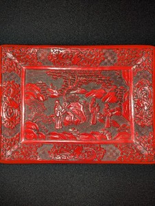 Antique Cinnabar Red Lacquer Trinket Tray 7" x 6.5" Chinese or Japanese