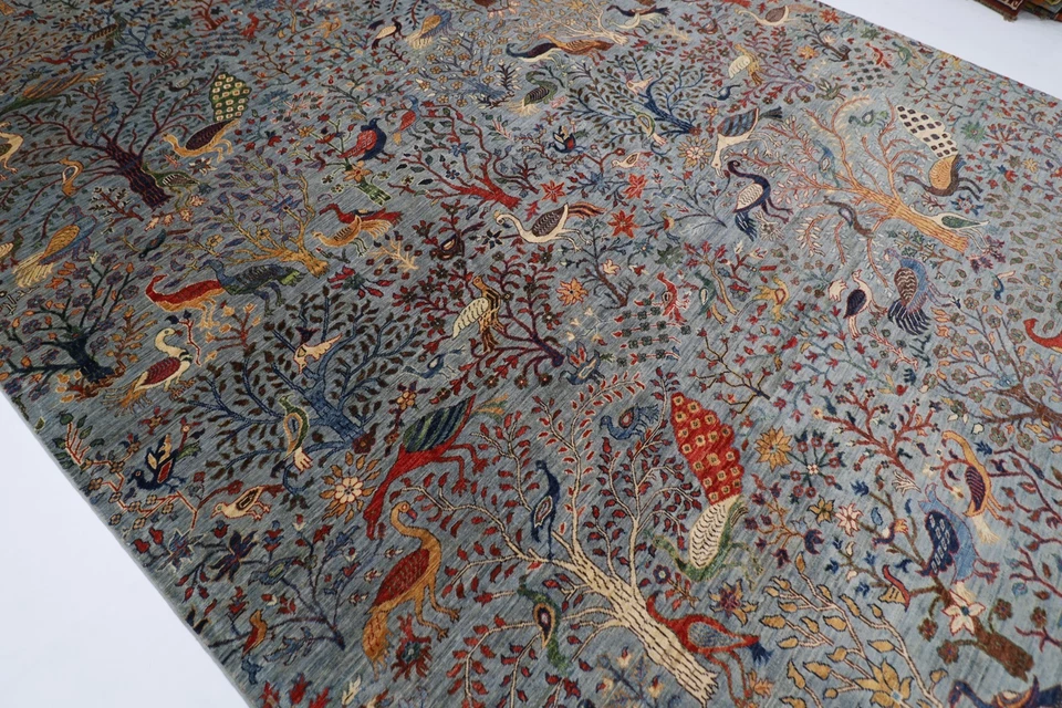 10 x 14 ft Birds Animal Gray Area Rug Afghan Hand Knotted Veg Dye Wool Rug - Image 3 of 4