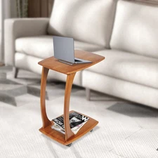 C-Shaped Computer Desk Solid Wood End Table Home Office Side Table with Wheels