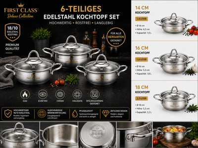 First Class Deluxe Collection Edelstahl Kochtopf Set   6-teilig Silber