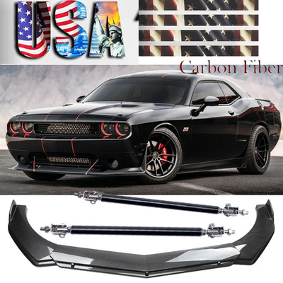 For Dodge Challenger SRT Carbon Front Bumper Lip Spoiler Splitter + Strut Rod