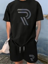 Printed Men's 2-piece Crew Neck Short Sleeve Top and Shorts Set Casual
