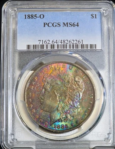 1885 O $1 Morgan Silver Dollar PCGS MS64 Monster Rainbow Textile Toned Coin UNC