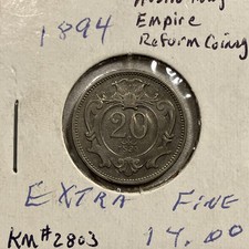 1894 AUSTRO-HUNGARIAN EMPIRE REFORM COINAGE XF 20 HELLER - FREE SHIP