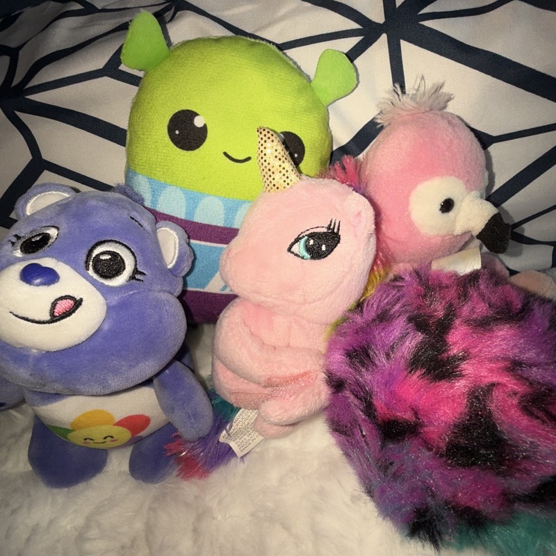 Colorful Plush Lot of 5 Carebear, Alien, Unicorn, Flamingo, and a Squueezamal