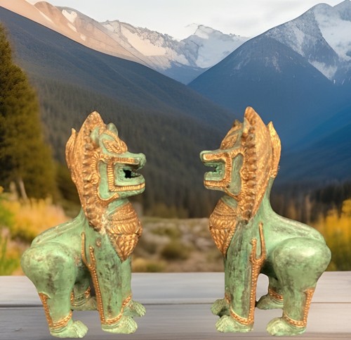 Vintage (2) männliche Khmer-Stil vergoldete Eisen Singha Tempelwächter Löwe Statuen-Foo Hunde - Bild 4 von 12