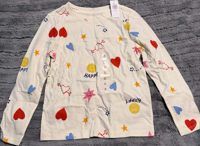 Old Navy Girls S (6-7) Long Sleeve Graphic Tee Hearts Stars Happy Love White