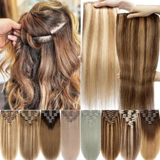 Thick Double Weft Clip In 100% Remy Human Hair Extension Full Head Balayage 8Pcs